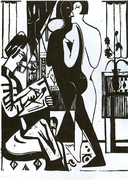 Painter and modell - woodcut